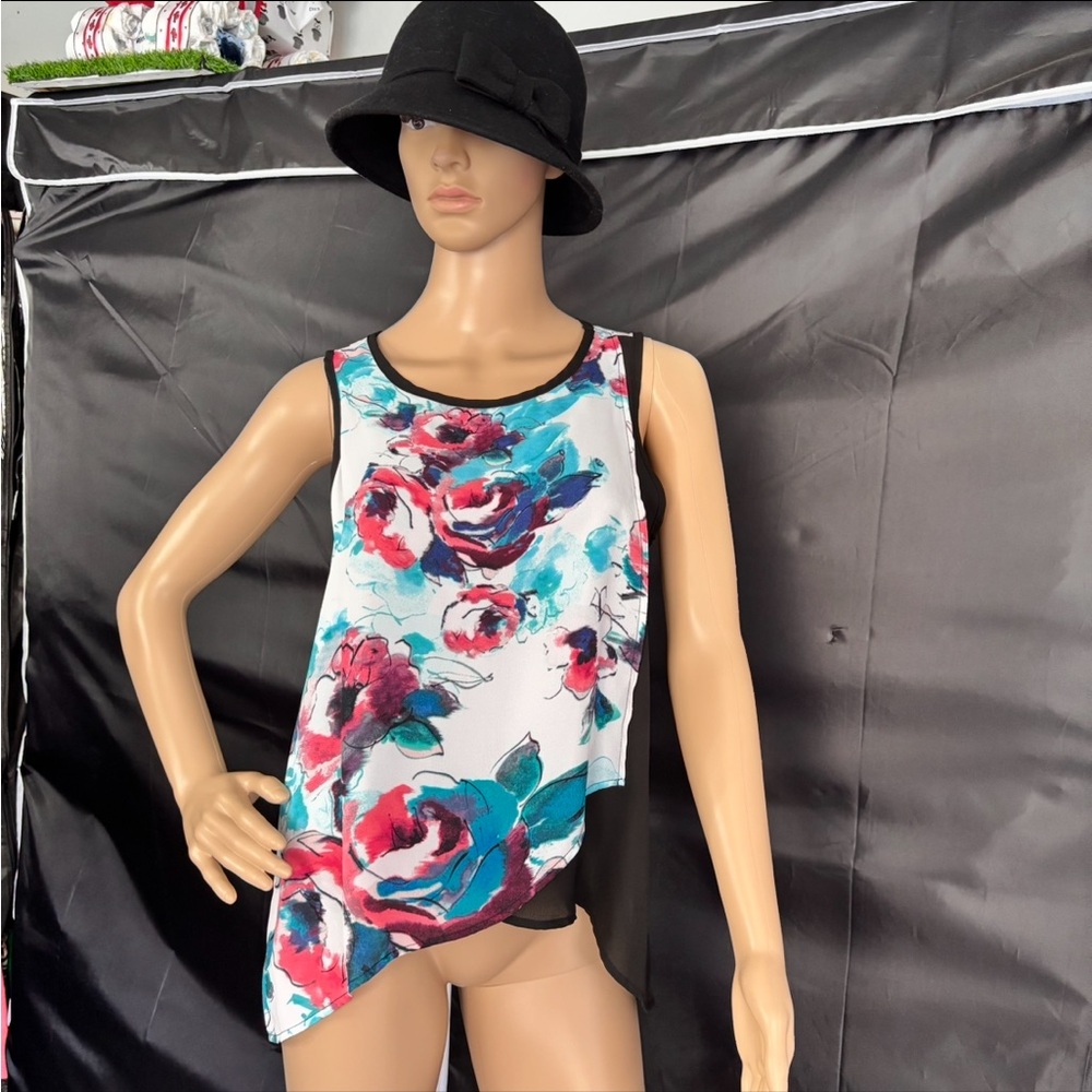 1. State Floral Asymmetrical Tank Top - Pink and Teal